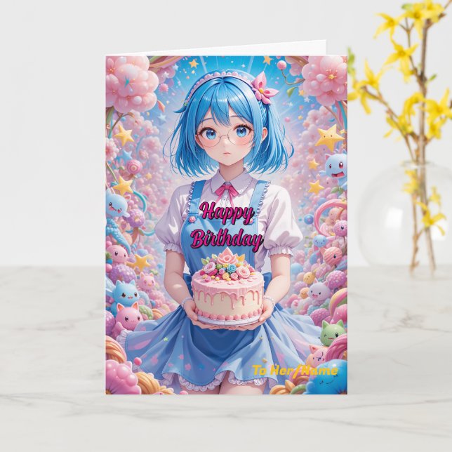 Tarjeta Pastel Kawaii Girl Cake Celebration (flor amarilla)