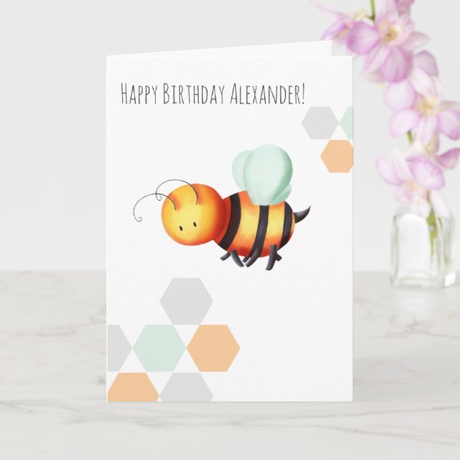 Tarjeta Pastel Minimalista Bee Happy Birthday Personalizad (Orquídea)