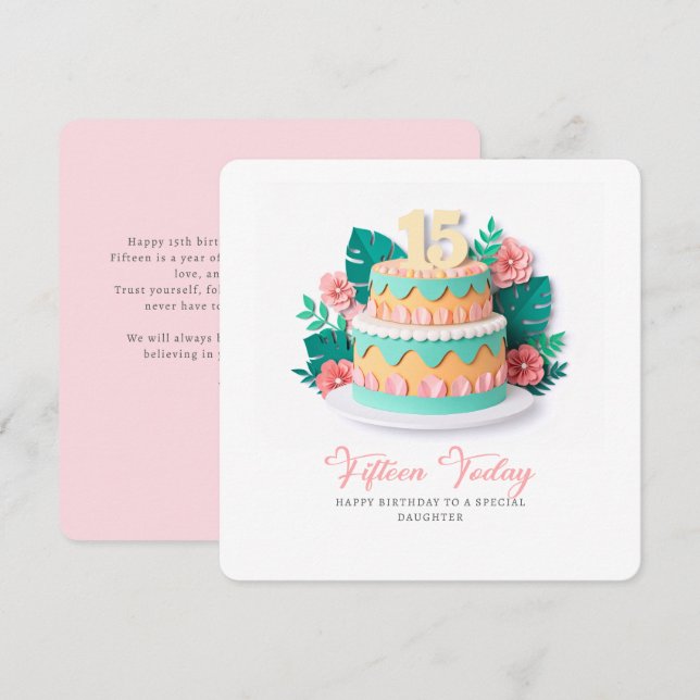 Tarjeta Pastel Paper-Cut Cake 15th Birthday (Anverso / Reverso)