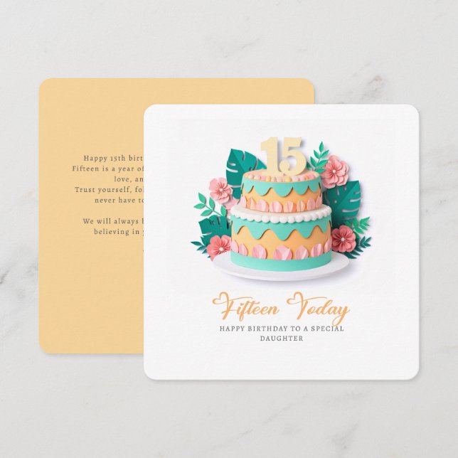 Tarjeta Pastel Paper-Cut Cake 15th Birthday (Anverso / Reverso)