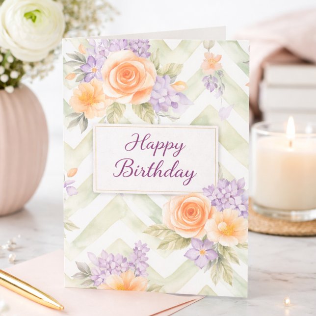 Tarjeta Pastel Peach Lavender Floral Sage Chevron Birthday (Subido por el creador)
