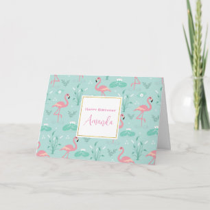 Tarjeta Pastel Pink Flamingos Green Pattern Cumpleaños