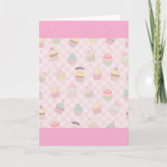 Tarjeta Pastel Pink Gingham Cute Cupcakes Pattern (Anverso)