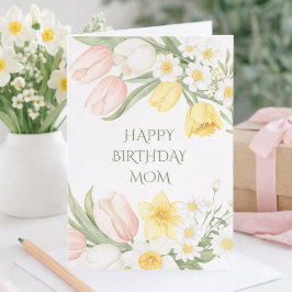 Tarjeta Pastel Pink Tulips Daffodils Floral Birthday Card