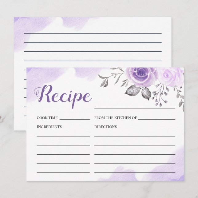 Tarjeta Pastel Purple Floral Bridal Shower Recipe (Anverso / Reverso)