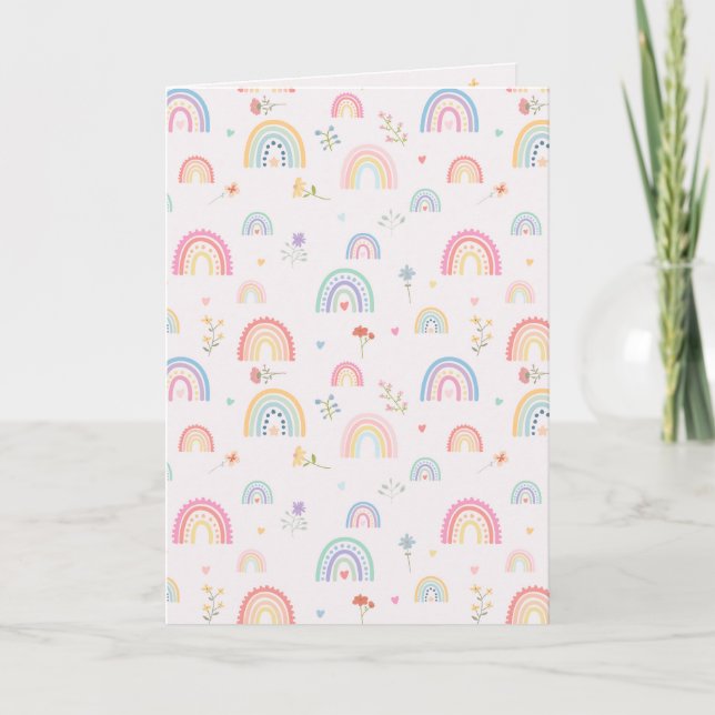 Tarjeta Pastel Rainbows girly Flores y corazones silvestre (Anverso)