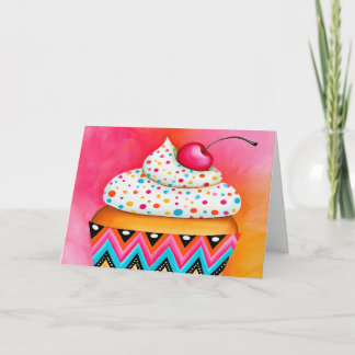 Tarjeta Pastel Rosa Naranja Cupcake Pintura Feliz Cumpleañ