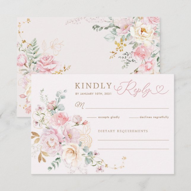 Tarjeta Pastel Rubor Floral Greenery Wedding RSVP (Anverso / Reverso)