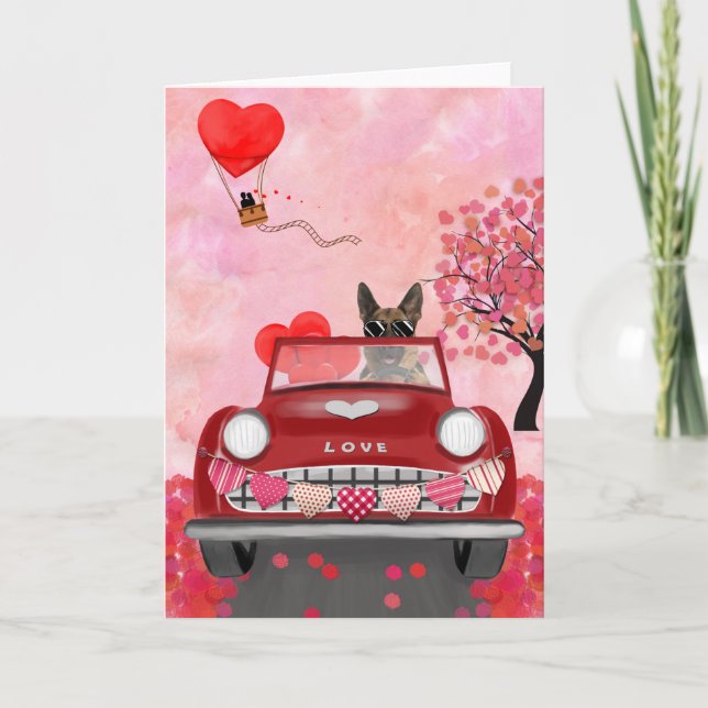 Tarjeta Pastor Alemán Coche con Corazones San Valentín (Anverso)