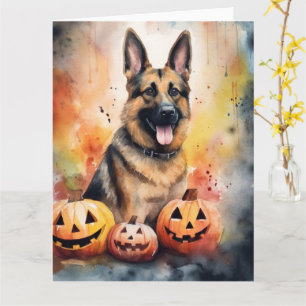 Tarjeta Pastor Alemán de Halloween con Calabazas Espeluzna
