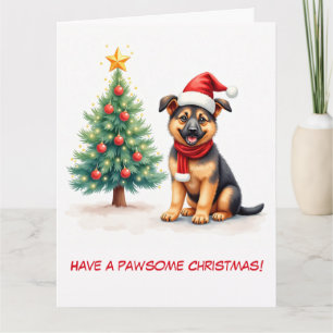 Tarjeta Pastor alemán ilustrado y árbol de Navidad