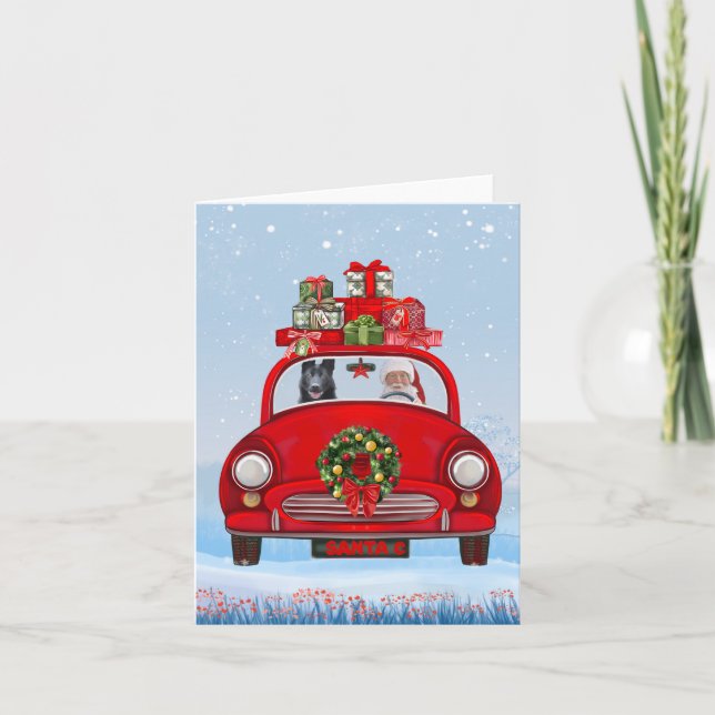 Tarjeta Pastor Alemán Negro En Coche Con Santa Claus (Anverso)