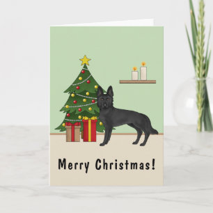 Tarjeta Pastor Alemán Negro y Árbol Navideño Festivo