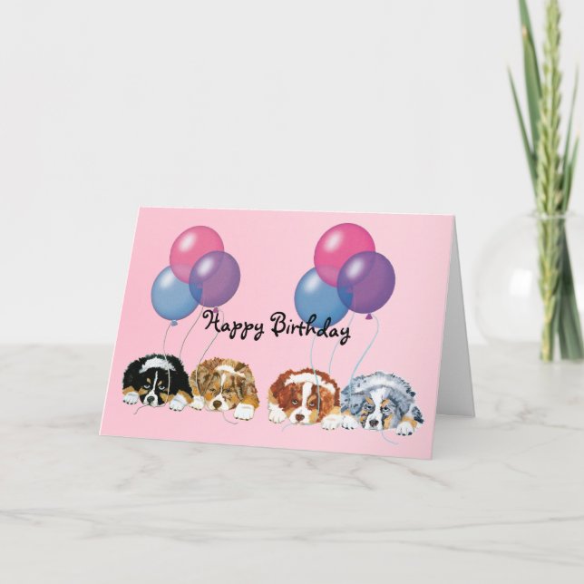 Tarjeta Pastor Australiano Cachorros Felices Cumpleaños (Anverso)