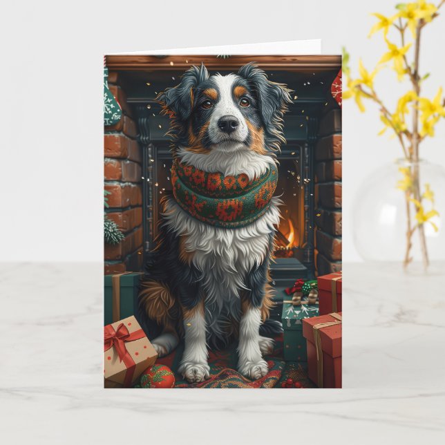 Tarjeta Pastor Australiano con regalos de Navidad Chimenea (flor amarilla)