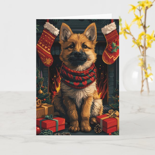 Tarjeta Pastor Belga Con Regalos De Navidad Chimenea (flor amarilla)