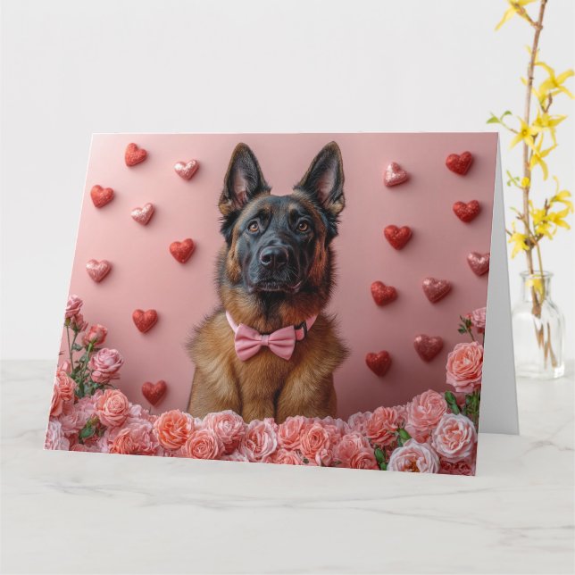 Tarjeta Pastor Belga Malinois con Rosas - Día de San Valen (flor amarilla)