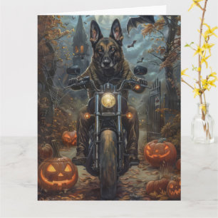 Tarjeta Pastor belga montando motocicleta Halloween Scary