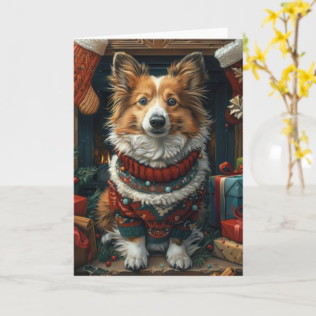 Tarjeta Pastor de Shetland con regalos de Navidad en una c (flor amarilla)