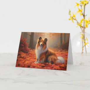 Tarjeta Pastor de Shetland en Otoño Hojas Caídas Inspiran