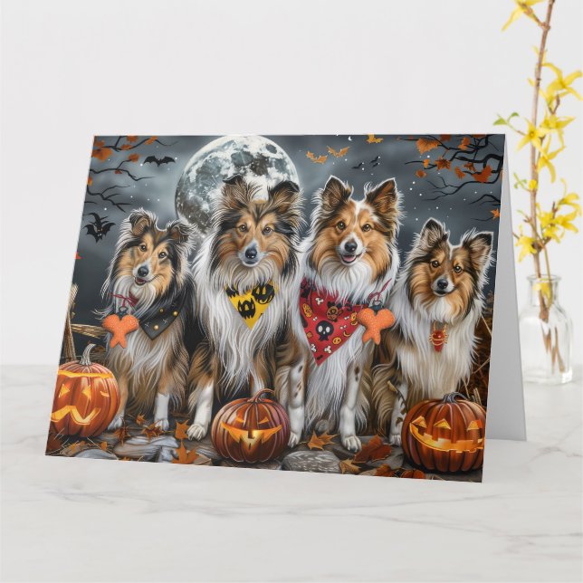 Tarjeta Pastor de Shetland Halloween Espeluznante (flor amarilla)
