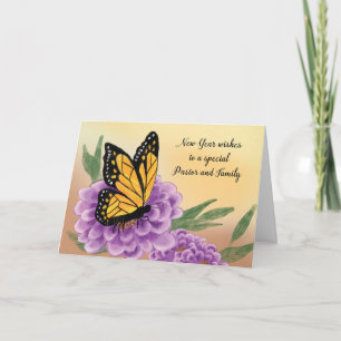 Tarjeta Pastor y familia Feliz Año Nuevo mariposa