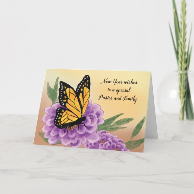 Tarjeta Pastor y familia Feliz Año Nuevo mariposa (Anverso)