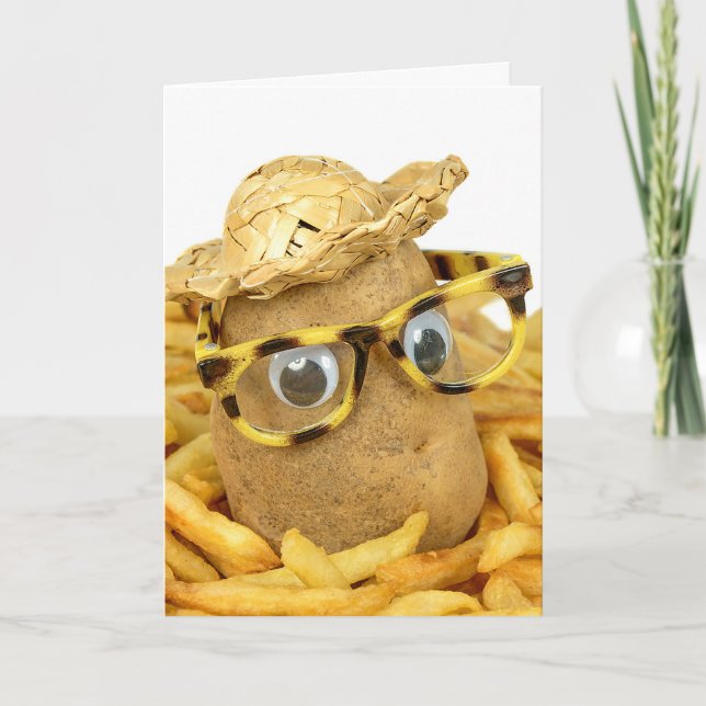 Tarjeta patata con sombrero de paja y gafas humor (Anverso)