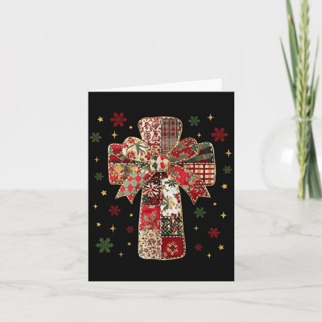 Tarjeta Patchwork Cross Christian Christmas Coquette Bow  (Anverso)