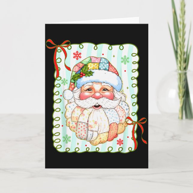Tarjeta Patchwork Santa Claus Face Coquette Merry Christma (Anverso)