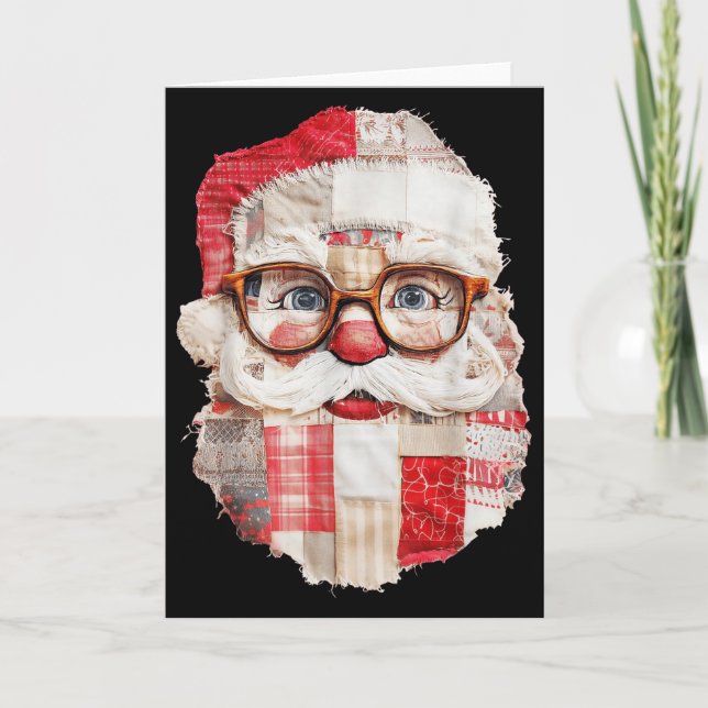 Tarjeta Patchwork Santa Claus Face Preppy Girly Christmas  (Anverso)