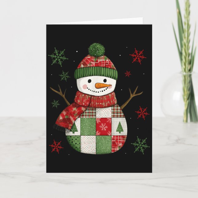 Tarjeta Patchwork Snowman Retro Funny Christmas Snowman Ho (Anverso)