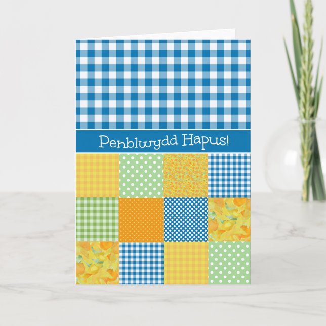 Tarjeta Patchwork y Gingham Birthday Card Welsh Greeting (Anverso)