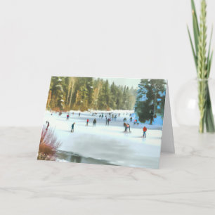 Tarjeta Patinadores sobre un estanque Acuarela Paisaje inv