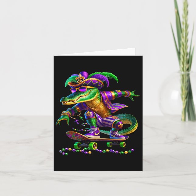 Tarjeta Patinaje infantil Mardi Gras Alligator (Anverso)