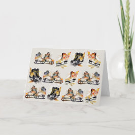 Tarjeta Patines de hielo acuarela con patrón de hojas otoñ