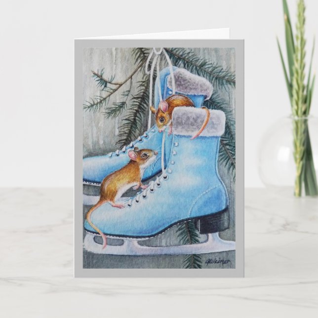 Tarjeta Patines de hielo azules y ratones hogar de vacacio (Anverso)