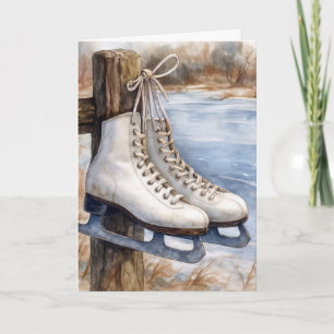 Tarjeta Patines de hielo de Navidad colgados en una cerca