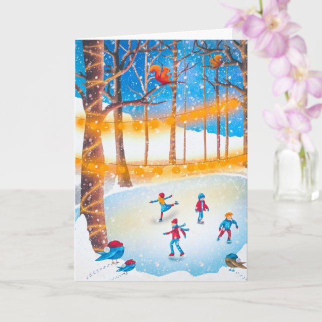 Tarjeta Patines de hielo de Navidad con arte simple Tarjet (Orquídea)