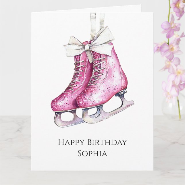 Tarjeta Patines de hielo rosados bonitos cumpleaños (Orquídea)