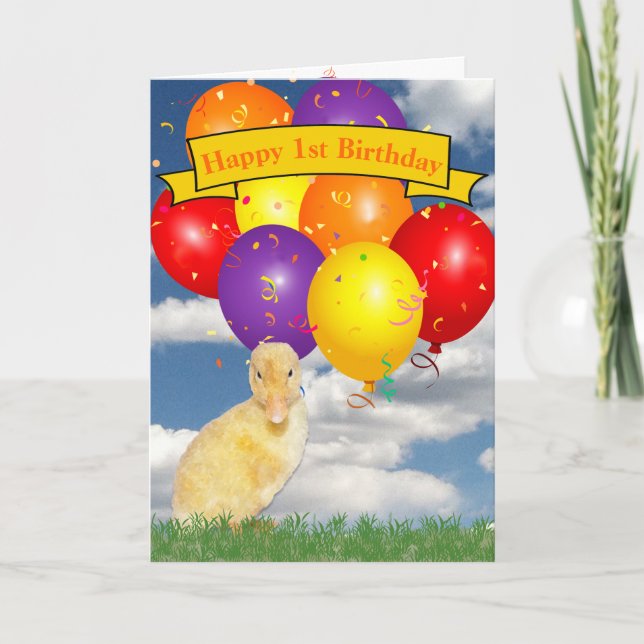 Tarjeta Patito de cumpleaños de año personalizado Globos C (Anverso)
