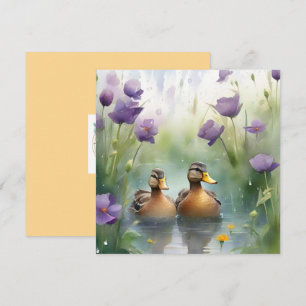 Tarjeta Pato Cute Acuarela N Flores Silvestres En Blanco