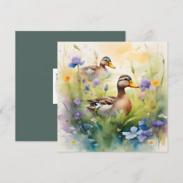 Tarjeta Pato Cute Acuarela N Flores Silvestres En Blanco 
