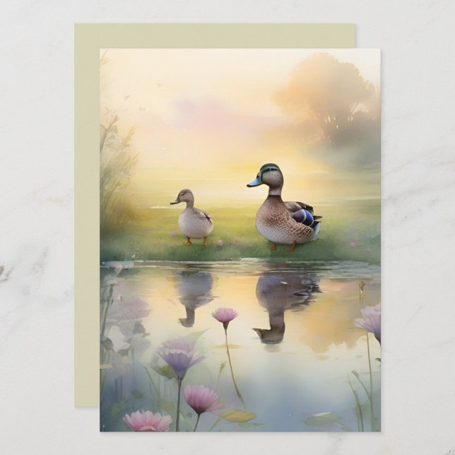 Tarjeta Pato de acuarela linda reflexión en blanco  (Anverso / Reverso)