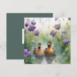 Tarjeta Pato de acuarela linda y flores silvestres en blan