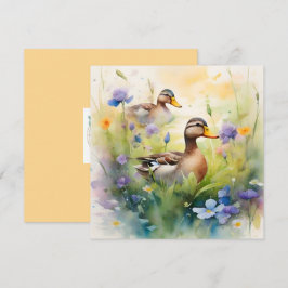 Tarjeta Pato de acuarela linda y flores silvestres en blan