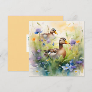 Tarjeta Pato de acuarela linda y flores silvestres en blan