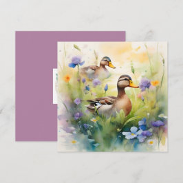 Tarjeta Pato de acuarela linda y flores silvestres en blan