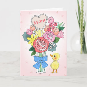 Tarjeta Pato de bebé lindo con flores bonitas día de las m