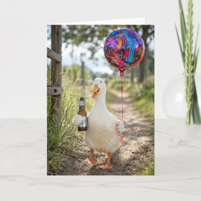 Tarjeta Pato de cumpleaños 21 con una cerveza (Anverso)